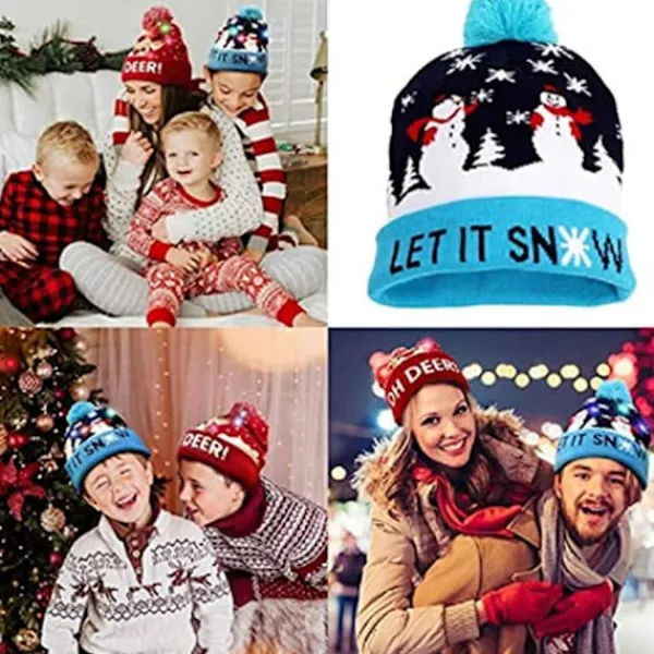 Holocky Christmas Santa Snowman Led Stickad Cap Beanie Hat> Huvudbonader