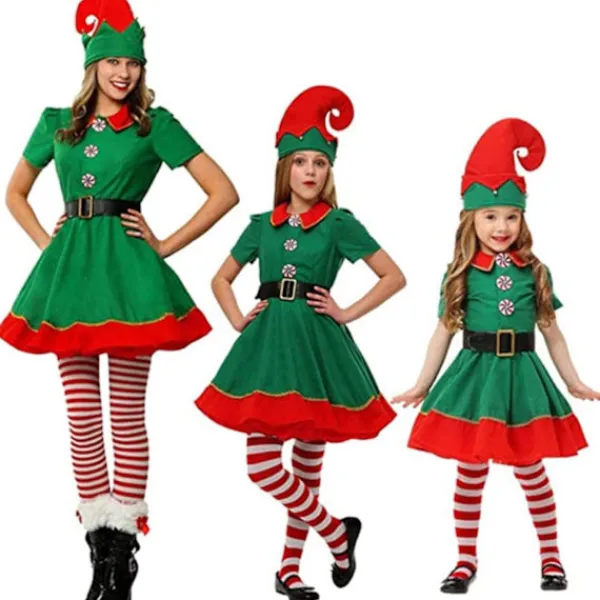 (160CM Kjol)Förälder-Barn Juldräkter Grön Jultomte> Dräkter