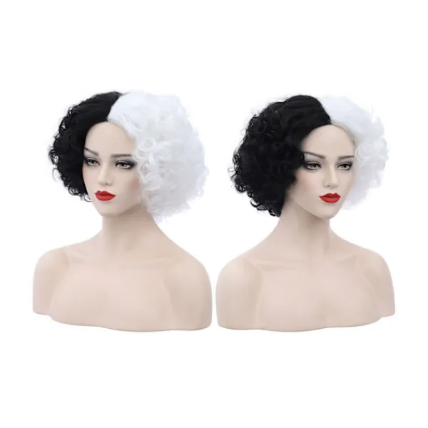 unbranded Cosplay Peruk Fluffig Svart Vit Högtemperatur Fiber Värmebeständig Bekväm Kort Curly Wave Witch Peruk för Halloween - Svart Vit> Peruker