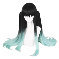 Cosplay Peruk för DS, Långt Rakt Svart Grön Peruk Gradient Dubbel Hästsvans Anime Hår Flätor Peruker med Mössa för Halloween Kostym> Peruker