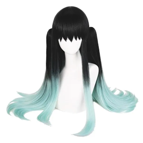 Cosplay Peruk för DS, Långt Rakt Svart Grön Peruk Gradient Dubbel Hästsvans Anime Hår Flätor Peruker med Mössa för Halloween Kostym> Peruker