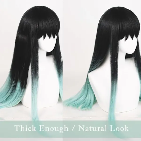 Cosplay Peruk för DS, Långt Rakt Svart Grön Peruk Gradient Dubbel Hästsvans Anime Hår Flätor Peruker med Mössa för Halloween Kostym> Peruker