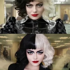 FMYSJ Cruella De Vil Cosplay Peruk Halv Svart och Vit för Kvinnor Cosplay Tillbehör, Kort Vågig Bob Halloween Party Peruker med Lugg (FMY)> Peruker