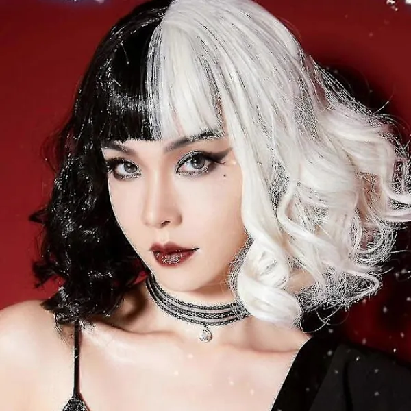unbranded Cruella De Vil Cosplay-peruk Halv Svart och Vit för Kvinnor Cosplay-tillbehör, Kort Vågig Bob Halloween-festperuker med Lugg> Peruker