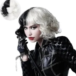 unbranded Cruella De Vil Cosplay-peruk Halv Svart och Vit för Kvinnor Cosplay-tillbehör, Kort Vågig Bob Halloween-festperuker med Lugg><noscript><img width=