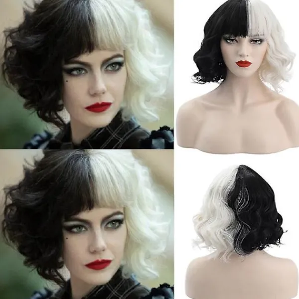 xinfish Cruella De Vil Peruk Cosplay Lockigt Kort Vågig Peruk> Peruker