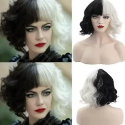 ESTONE Cruella De Vil Peruker Dam Cosplay lockigt hår Kort vågiga peruker -ge><noscript><img width=