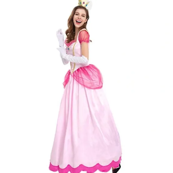 Dam Super Mario Peach Cosplay Kostym Rosa Prinsessklänning + Handskar + Huvudbonad Outfits Set Karnevalsfest S> Dräkter