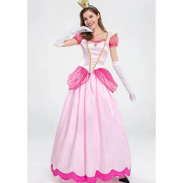 Dam Super Mario Peach Cosplay Kostym Rosa Prinsessklänning + Handskar + Huvudbonad Outfits Set Karnevalsfest S> Dräkter