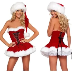 Damklänning i en storlek, jultomtedräkt, lyxig sammet, fru Santa-kostym, cosplay-outfit med tomteluva för flickor> Dräkter