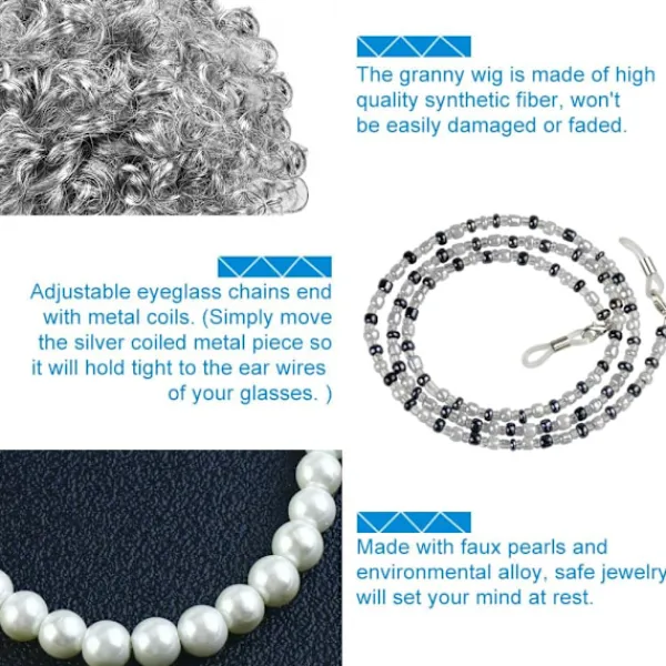 7-delad Gammal Dam Cosplay-set Gammal Dam Peruk Mormorsdräkt Set Grå Lockig Mormorsperuk Perukmössa Glasögon Ögonbrynkedjor Pärlhalsband Armband> Tillbehör