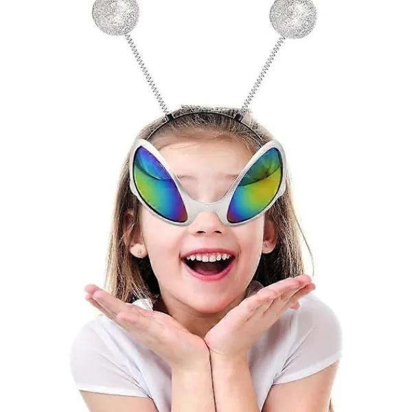 4-delars Halloween utomjording kostym tillbehör set, 2 par utomjording glasögon, 2 par utomjording solglasögon, 2 par silver Mars antenn hörlurar> Tillbehör