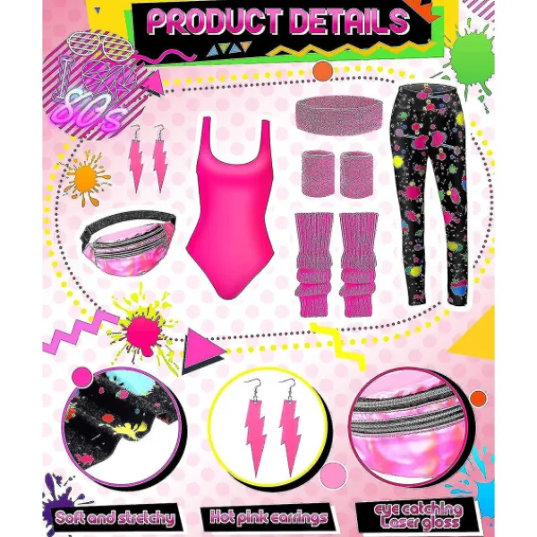 7-delars 80-tals träningsdräkt 80-tals accessoarer set 80-tals 90-tals trikå leggings pannband handledsvärmare örhängen magväska Splash Print XX-Large | Fyndiq> Dräkter