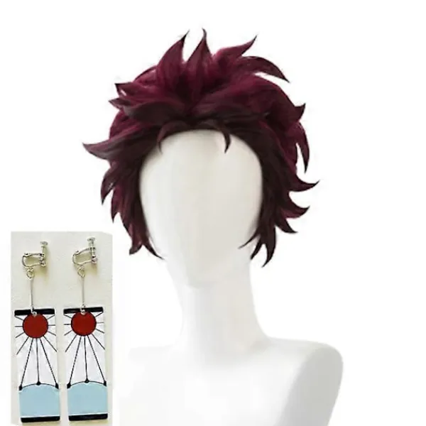 Demon Slayer: Kimetsu No Yaiba Tanjiro Kamado Cosplay Peruk Kort Kastanjebrun Värmebeständig Hår Cosplay Peruker + Örhängen Wig and Earrings | Fyndiq> Peruker