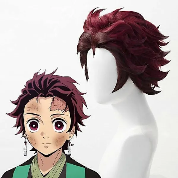 Demon Slayer: Kimetsu No Yaiba Tanjiro Kamado Cosplay Peruk Kort Kastanjebrun Värmebeständig Hår Cosplay Peruker + Örhängen Wig and Earrings | Fyndiq> Peruker