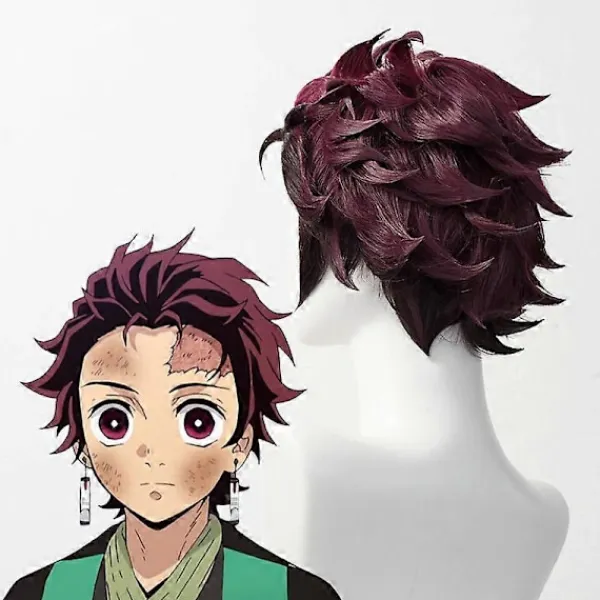 Demon Slayer: Kimetsu No Yaiba Tanjiro Kamado Cosplay Peruk Kort Kastanjebrun Värmebeständig Hår Cosplay Peruker + Örhängen Wig and Earrings | Fyndiq> Peruker