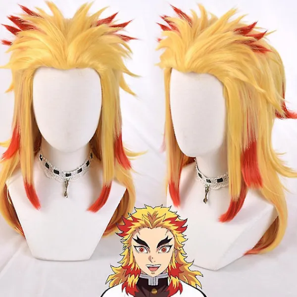 Demon Slayer Rengoku Kyoujurou Cosplayfestdräkt för Halloweenfest Anime Set Presenter Endast One Size - Wig> Peruker