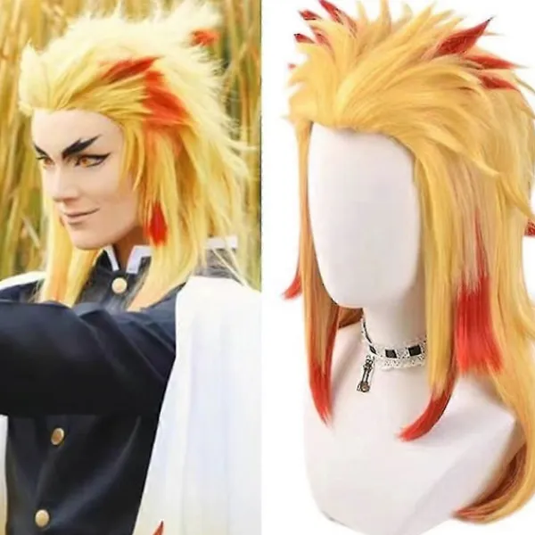 Demon Slayer Rengoku Kyoujurou Cosplay Kostym Kimono Uniform Outfit Halloween Party Anime Rollspel Fancy Dress Set-c Endast One Size - Wig> Peruker