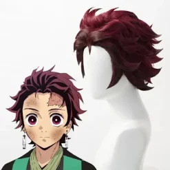 Demon Slayer Tanjiro Kamado Kort Kastanjebrun Värmebeständig Hår Cosplay Kostym Peruk + Ett Par Örhängen(YJD) One Size><noscript><img width=