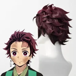 Demon Slayer Tanjiro Kamado Kort Kastanjebrun Värmebeständig Hår Cosplay Kostym Peruk + Ett Par Örhängen(YJD) One Size><noscript><img width=