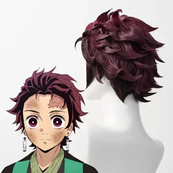 Demon Slayer Tanjiro Kamado Kort Kastanjebrun Värmebeständig Hår Cosplay Kostym Peruk + Ett Par Örhängen(YJD) One Size> Peruker