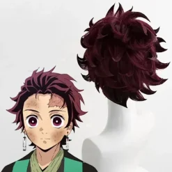 Demon Slayer Tanjiro Kamado Kort Kastanjebrun Värmebeständig Hår Cosplay Kostym Peruk + Ett Par Örhängen(YJD) One Size><noscript><img width=