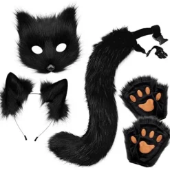 EURL (ee) Plyschmask med rävsvans och öron set, katt svans räv kostym cosplay kostym med kattöron och tasshandskar halloween cosplay svart och vit. | Fyndiq> Tillbehör