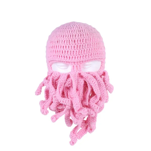 En rosa bläckfiskhatt, rolig riddarhjälmsmössa med skägghatt, handgjord stickad vintertjock mössa, bläckfiskhatt, Halloween Cosplay skidmask> Huvudbonader