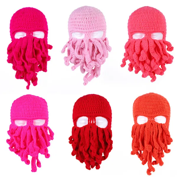 En rosa bläckfiskhatt, rolig riddarhjälmsmössa med skägghatt, handgjord stickad vintertjock mössa, bläckfiskhatt, Halloween Cosplay skidmask> Huvudbonader