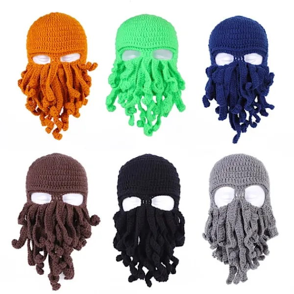 En rosa bläckfiskhatt, rolig riddarhjälmsmössa med skägghatt, handgjord stickad vintertjock mössa, bläckfiskhatt, Halloween Cosplay skidmask> Huvudbonader