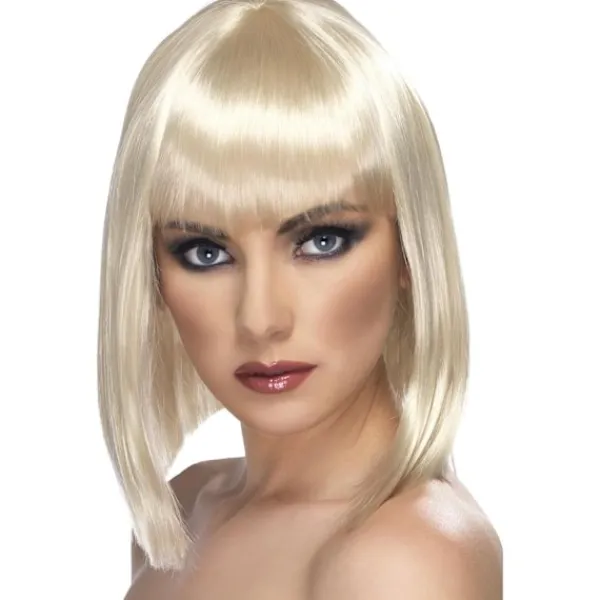 Glamourperuk, Blond kort, rak frisyr med lugg, Glamourperuker för kvinnor, Maskeradperuk för vuxna> Peruker