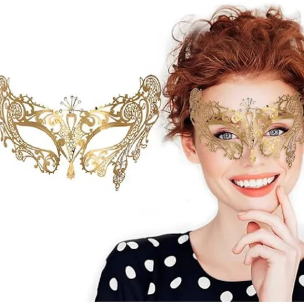 (Golden-01 Metall )Lady of Luck Maskerad Mask med Spets S> Masker