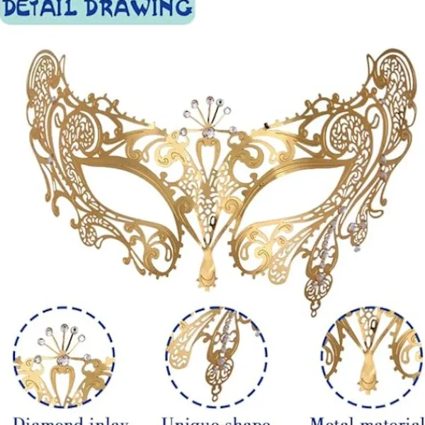 (Golden-01 Metall )Lady of Luck Maskerad Mask med Spets S> Masker
