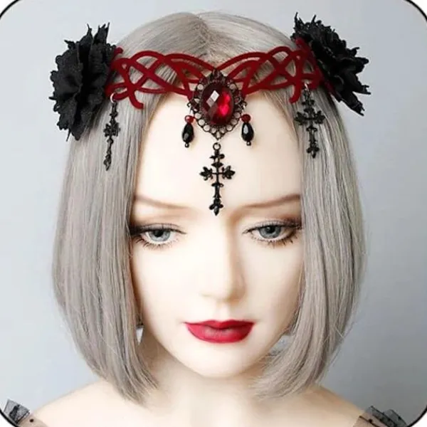 Gotisk Blommig Huvudbonad Halloween Hårband Vampyr Cosplay Kors Huvudbonad Hårclips Maskerad Cosplay Hårband för Kvinnor och Flickor> Huvudbonader
