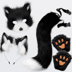 Grå Rävsvans & Kattöron Kostymset med Handskar för Halloween Cosplay><noscript><img width=
