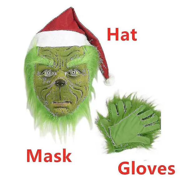 KOOLYOU Grön Grinch Mask Santa Grinch Cosplay Mask Med Handskar Juldräkt Cosplay rekvisita none> Dräkter