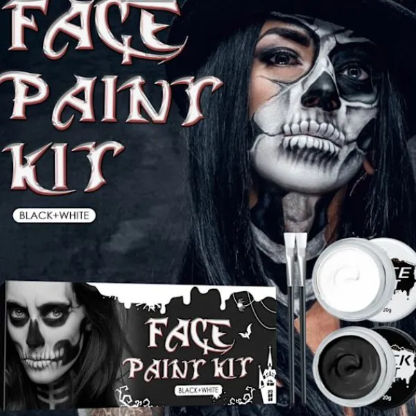 Xuigort Halloween ansiktsmålning kit svart och vitt högpigmenterad ansiktskroppsfärg för DIY cosplay temafester> Smink