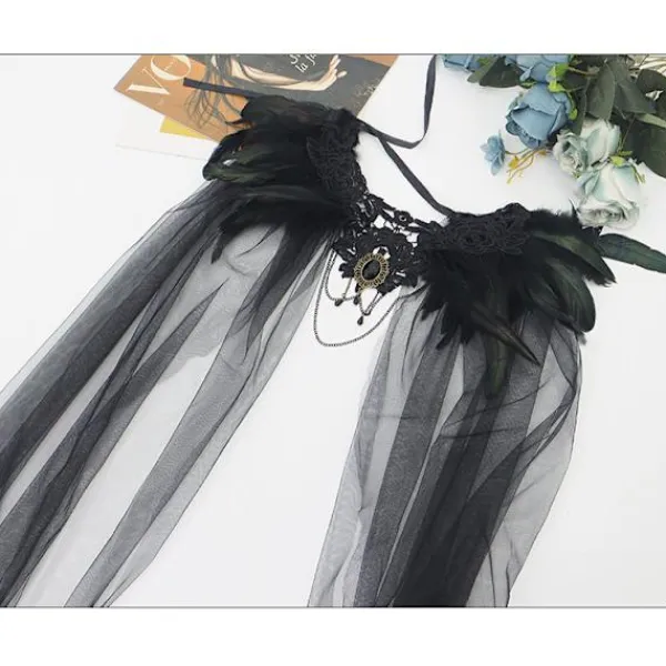 Halloween Fjäder Cape Svart Päls Krage Mesh Cape Midi Kjol Scenkostym Knappar> Huvudbonader
