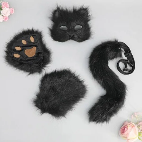 FJORD Halloween Katter Vargdräkt för Barnfödelsedagsfest, Halloween Rävar Utklädningsdräkt Inkluderar Rävmask, Svans, Handske Vit> Tillbehör