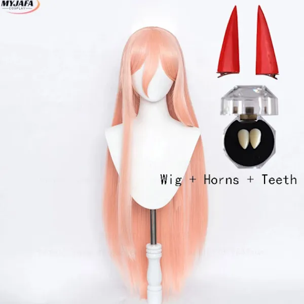 Högkvalitativ Anime Makima Power Cosplay Peruk Lång Orange Rosa Värmebeständig Syntetiskt Hår Party Rollspel Peruker + Perukmössa + Horn (HK) One Size | Fyndiq> Peruker