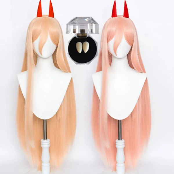 Högkvalitativ Anime Makima Power Cosplay Peruk Lång Orange Rosa Värmebeständig Syntetiskt Hår Party Rollspel Peruker + Perukmössa + Horn (HK) One Size | Fyndiq> Peruker