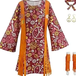 Hippie Disco 70-talsdräkt för kvinnor, pannband, klänning, ankelstrumpor, fredssymbol för damer Cosplay Party S S_max _sai S | Fyndiq> Dräkter