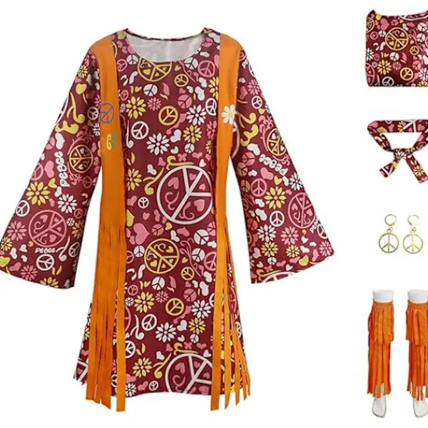 Hippie Disco 70-talsdräkt för kvinnor, pannband, klänning, ankelstrumpor, fredssymbol för damer Cosplay Party S S_max _sai S | Fyndiq> Dräkter