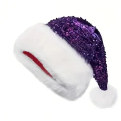 LBJ Julstämning glitterhatt, dubbelsidiga paljetter, tjock plyschhatt, lämplig för föreställningar, fester, lila> Huvudbonader