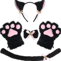 Katt Cosplay Kostym Set - Kattunge Svans, Öron, Halsband, Tassar, Handskar - Halloween Tillbehör (5 delar)-X42-> Tillbehör