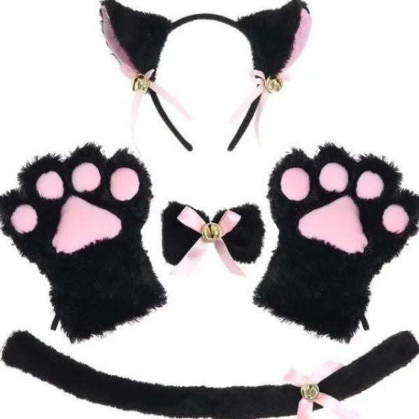 Katt Cosplay Kostym Set - Kattunge Svans, Öron, Halsband, Tassar, Handskar - Halloween Tillbehör (5 delar)-X42-> Tillbehör