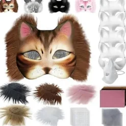 Kattmask med päls och nätöga, tomma pappersmasker för DIY, vita målningspappersmasker, kattmask för DIY Halloween Mardi Gras-fest> Tillbehör