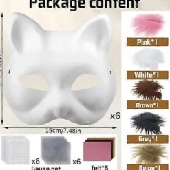 Kattmask med päls och nätöga, tomma pappersmasker för DIY, vita målningspappersmasker, kattmask för DIY Halloween Mardi Gras-fest> Tillbehör