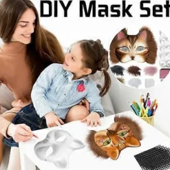 Kattmask med päls och nätöga, tomma pappersmasker för DIY, vita målningspappersmasker, kattmask för DIY Halloween Mardi Gras-fest><noscript><img width=