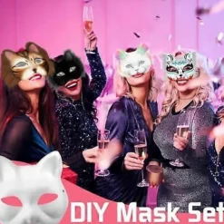 Kattmask med päls och nätöga, tomma pappersmasker för DIY, vita målningspappersmasker, kattmask för DIY Halloween Mardi Gras-fest><noscript><img width=